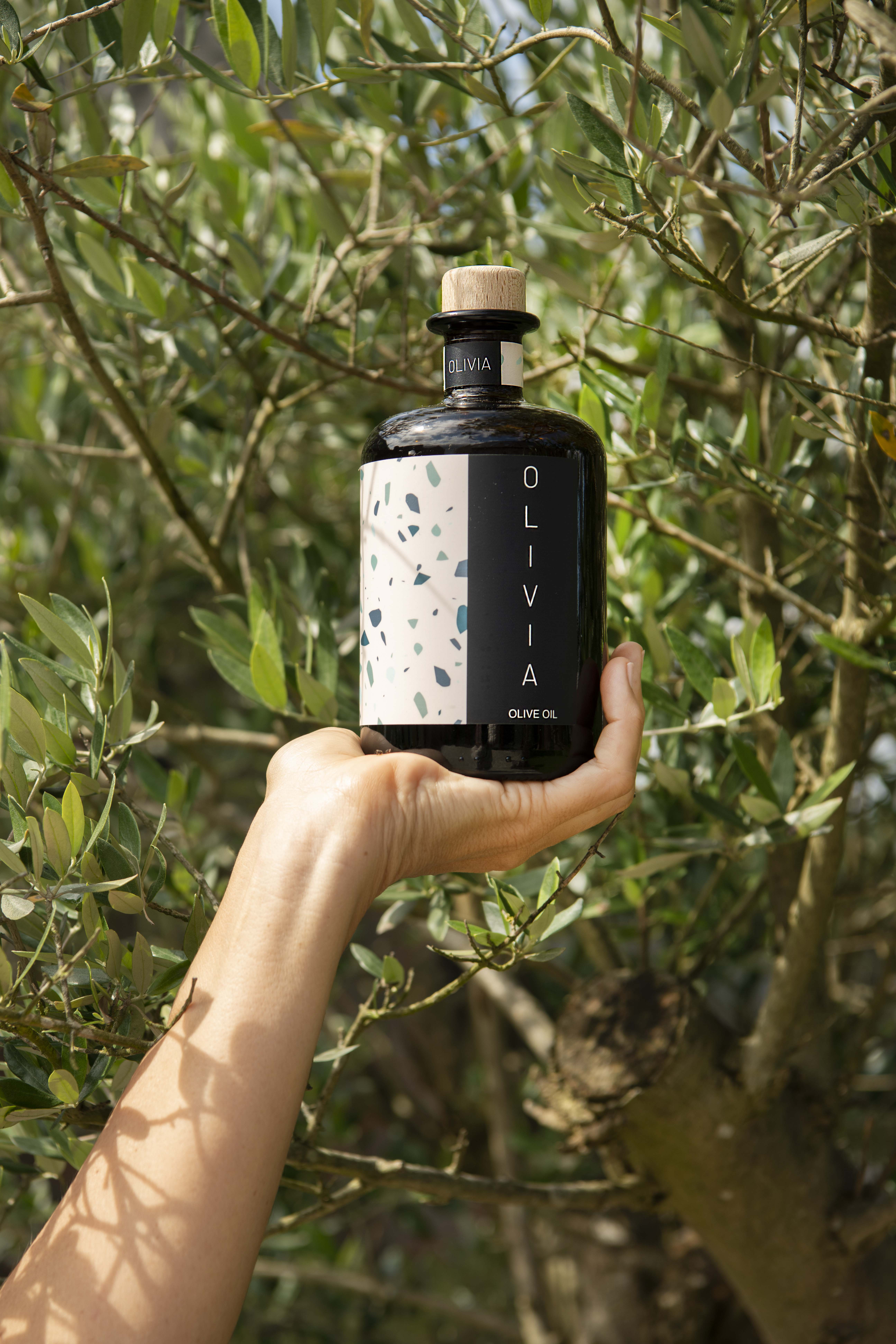 olijfoliefles naast olijfboom